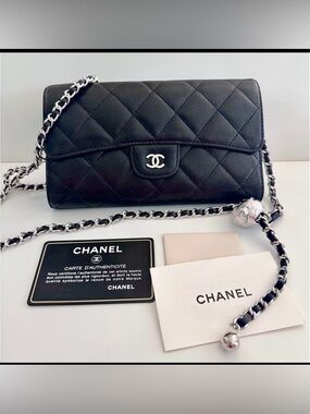 CHANEL CC Classic Flap Wallet Quilted Gusset Leather Clutch Black